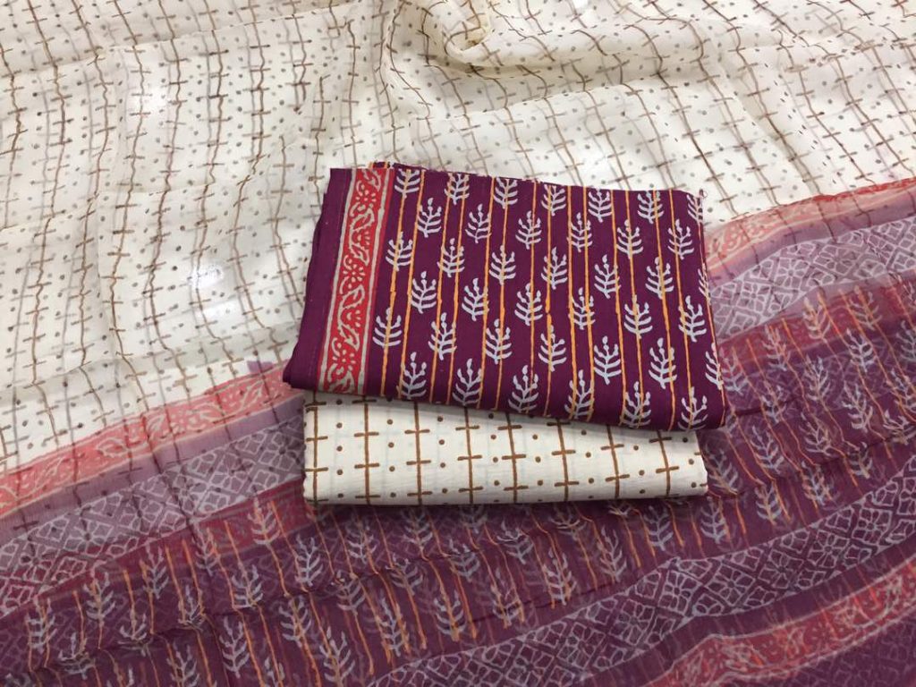 Purple beige jaipuri bagru print cotton salwar kameez with chiffon chunni