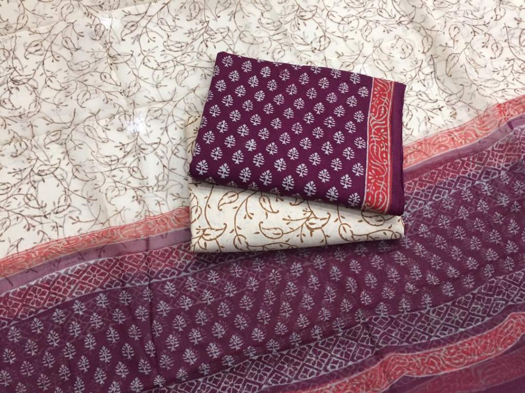 Natural purple jaipuri bagru print cotton salwar kameez set with chiffon chunni