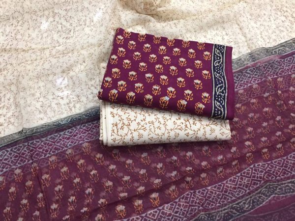 Exclusive purple beige jaipuri bagru print cotton salwar suit set with chiffon chunni
