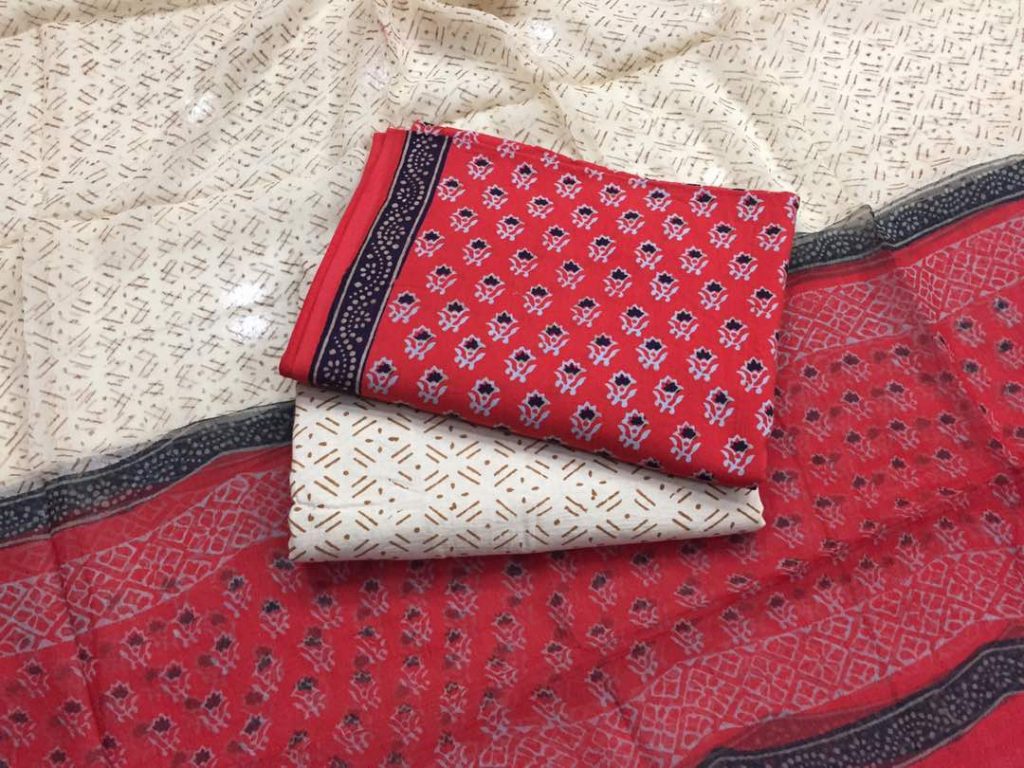 Ladies red beige jaipuri bagru print cotton suit set with pure chiffon chunni