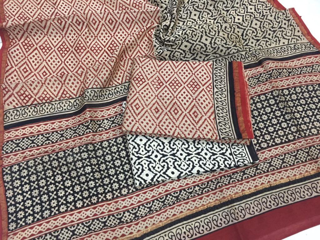Jaipuri bagru print apricot chanderi silk suit