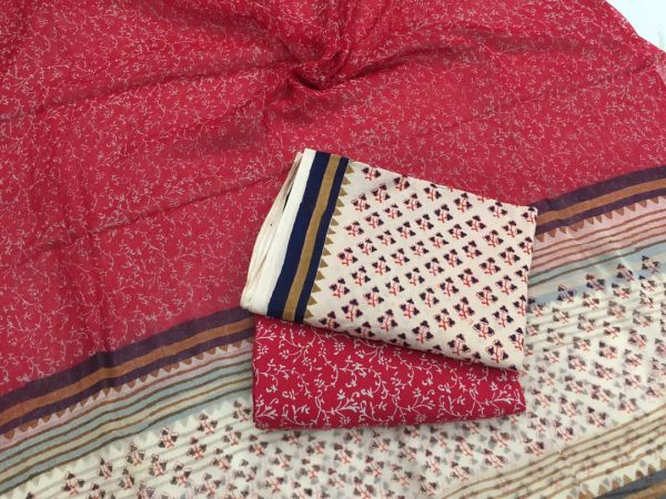 Beige crimson jaipuri bagru print cotton salwar suit set with chiffon chunni