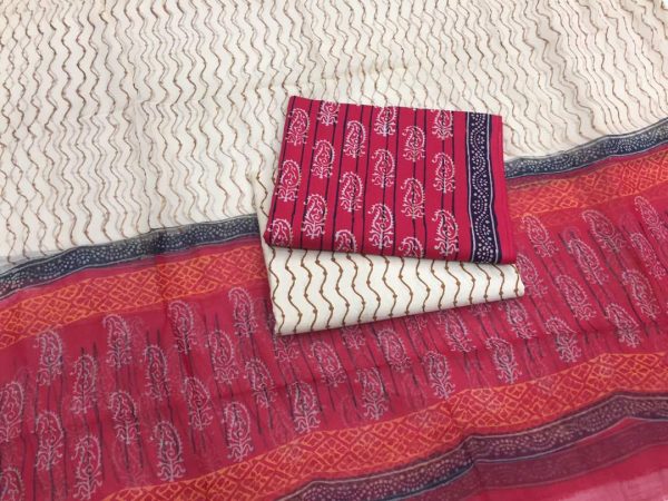 Crimson beige jaipuri bagru print cotton salwar kameez with chiffon chunni