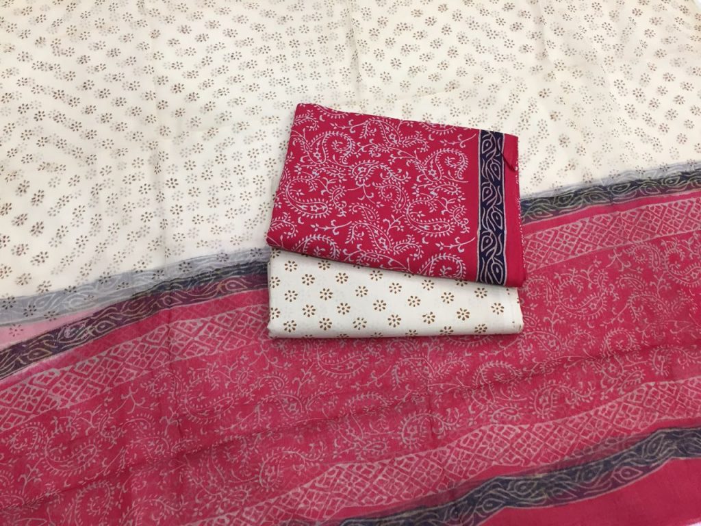 Crimson beige jaipuri bagru print cotton salwar kameez set with chiffon chunni