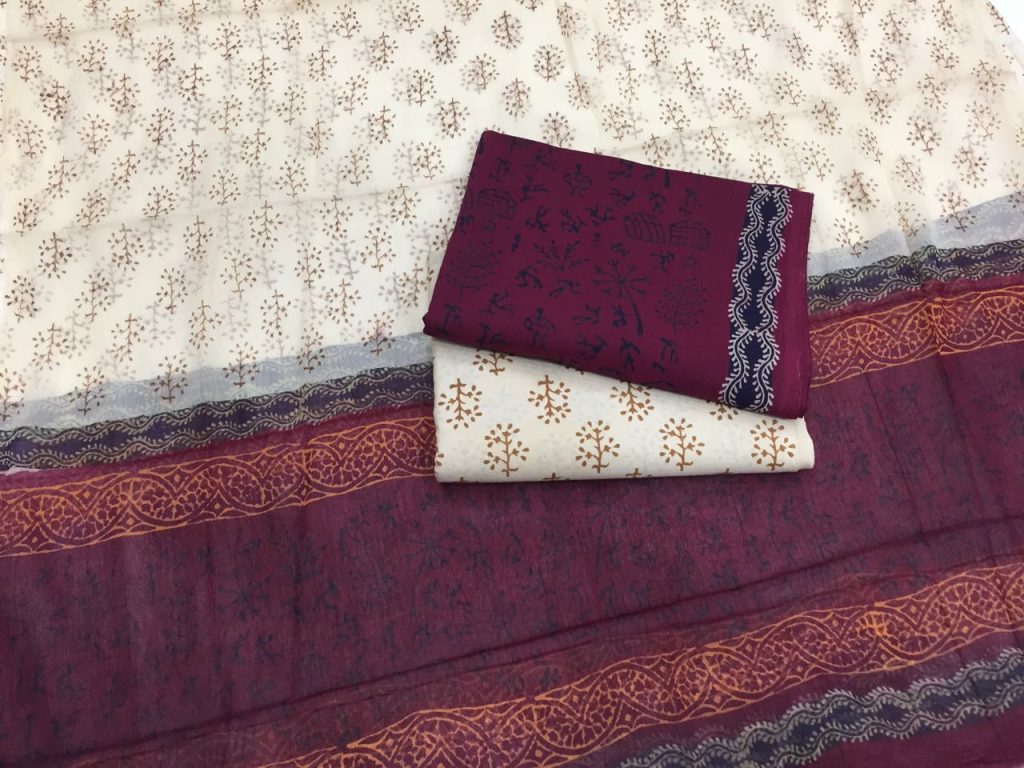 Purple beige jaipuri bagru print cotton salwar suit set with chiffon chunni