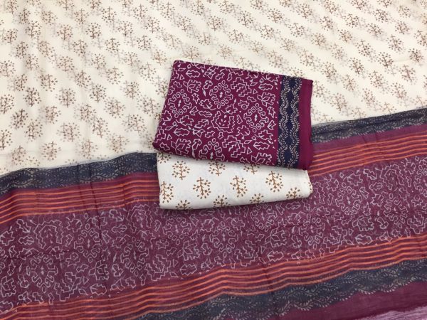 Jaipuri purple beige bagru print cotton suit with pure chiffon chunni