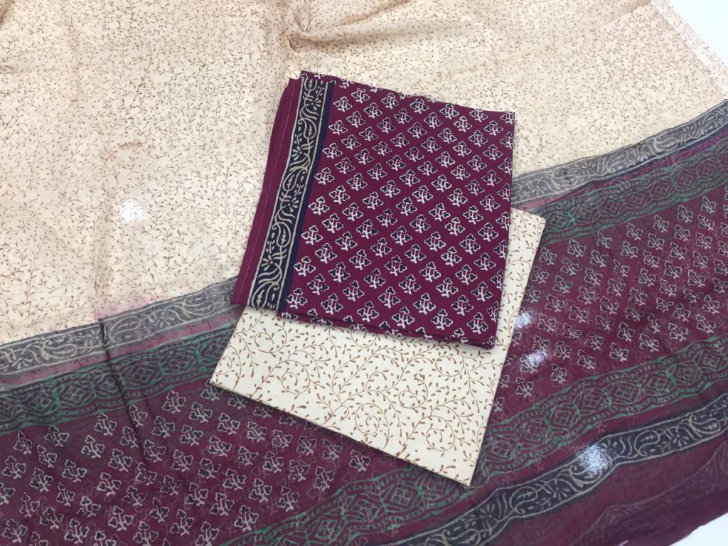 Purple white jaipuri bagru print cotton salwar kameez with chiffon dupatta