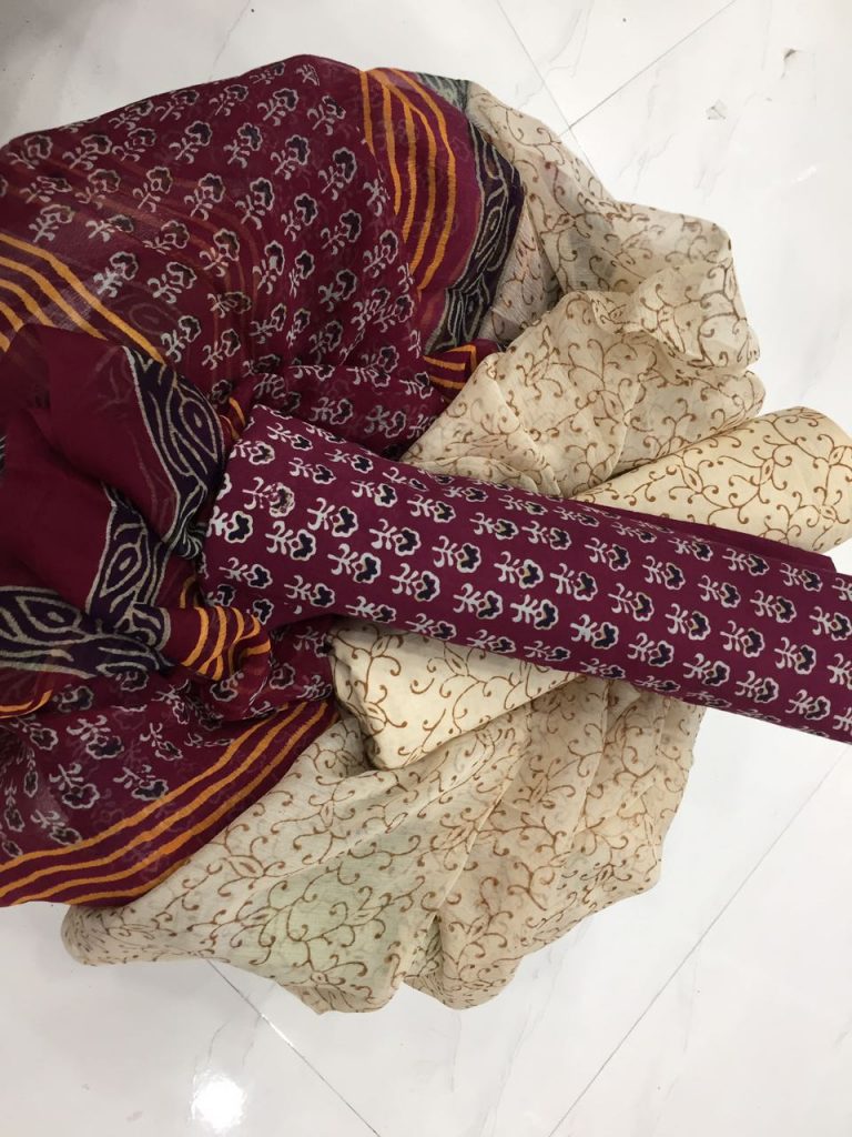 Purple beige bagru print pure cotton salwar kameez set with chiffon dupatta
