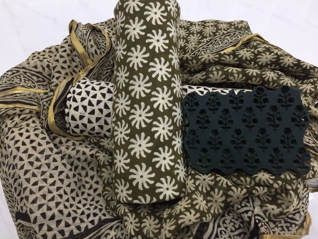 Olive jaipuri bagru Print regular wear zari border pure cotton salwar suit set