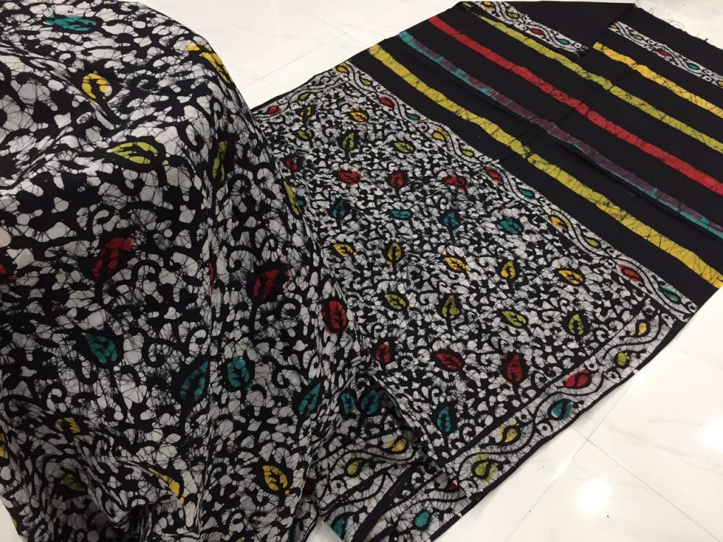 Black jaipuri batik print regular wear cotton saree with blouse