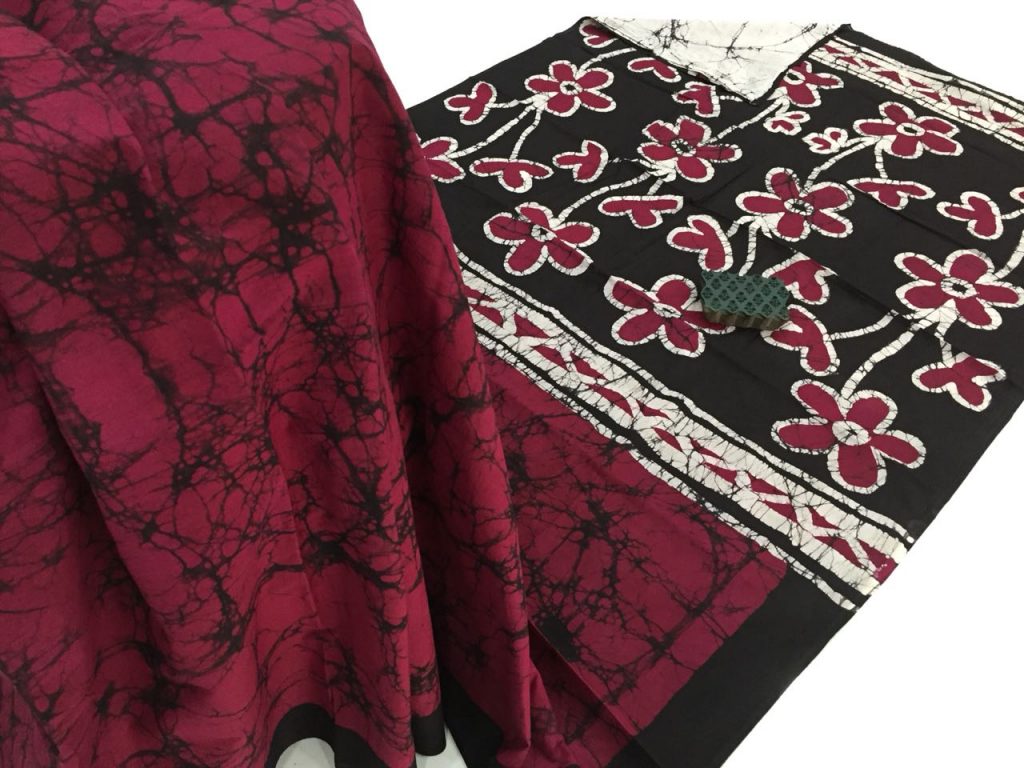Maroon batik print regular wear cotton saree with blouse