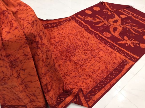 Jaipuri maroon batik print regular wear cotton saree with blouse