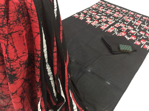 Jaipuri black batik print daily wear cotton saree with blouse