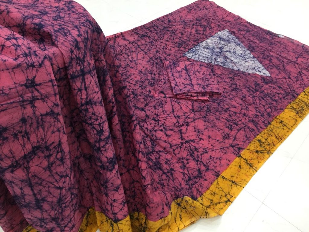 Red violet batik print regular wear cotton saree with blouse piece