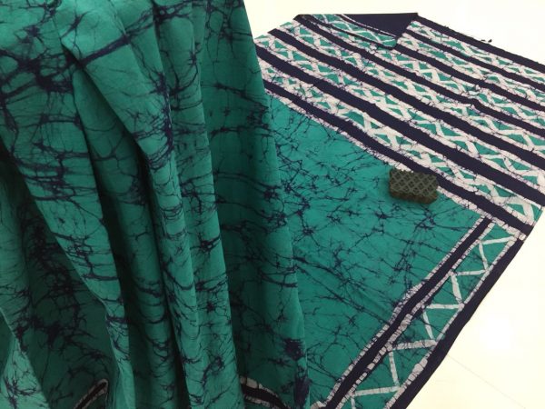 Jungle green batik print regular wear cotton saree with blouse