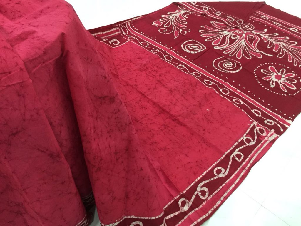 Raspberry jaipuri batik print regular wear cotton saree with blouse