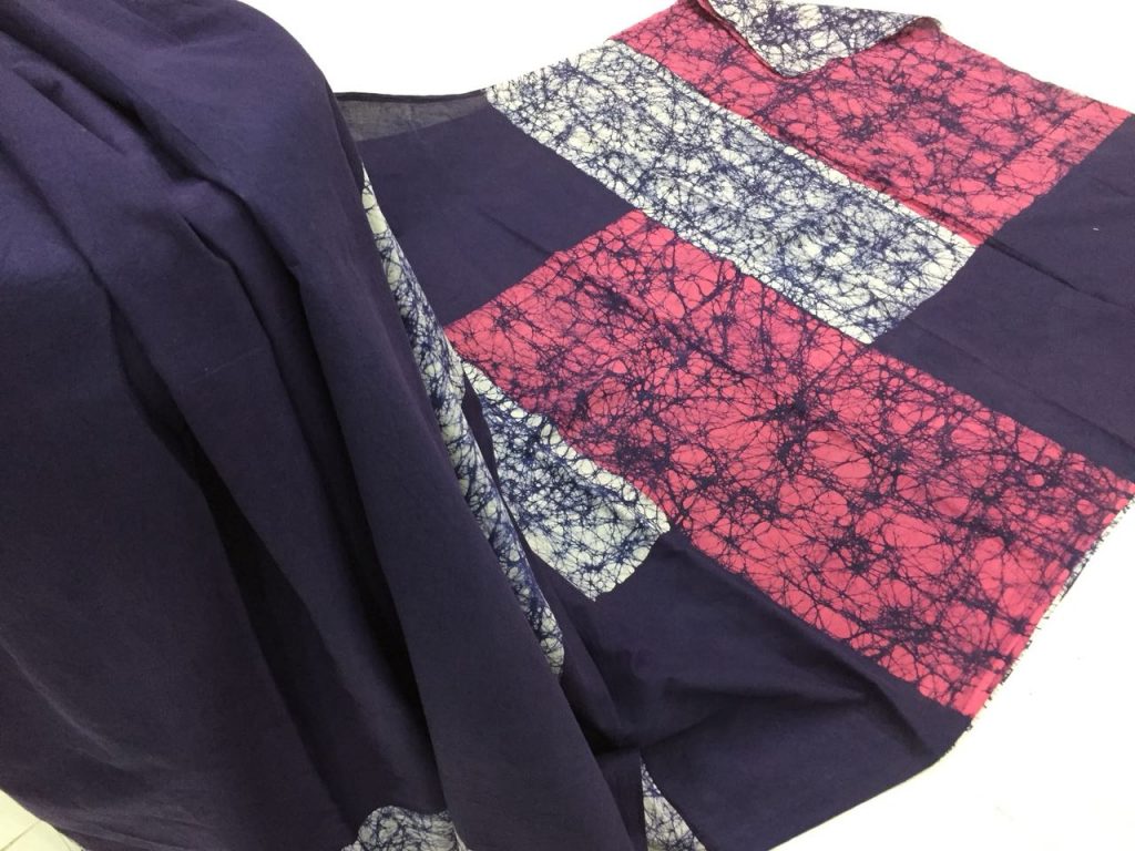 Indigo batik print regular wear cotton saree with blouse