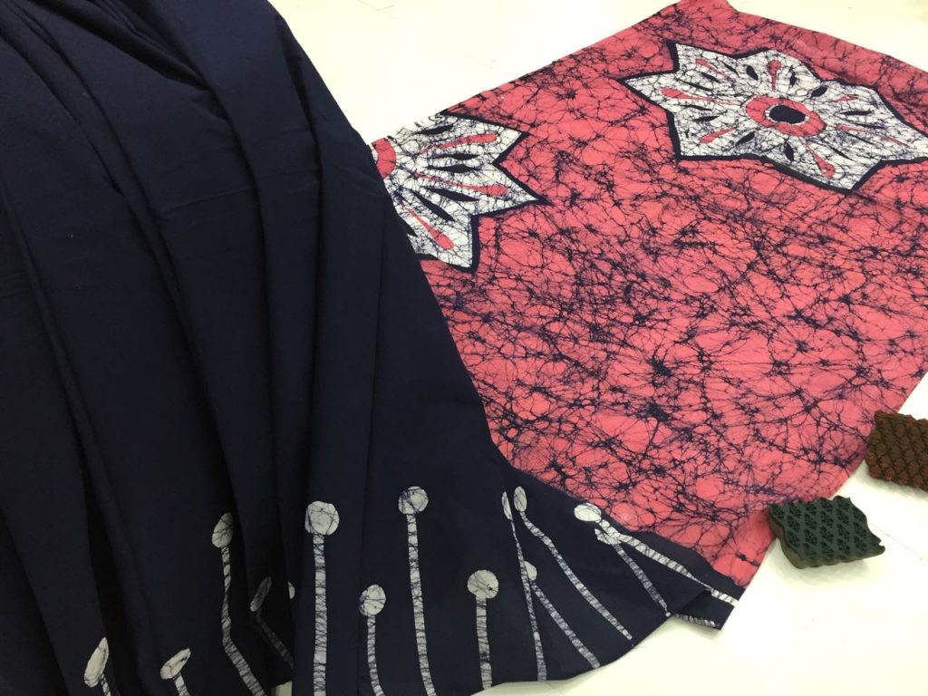 Indigo jaipuri batik print regular wear cotton saree with blouse