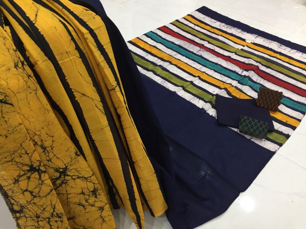 Yellow batik print regular wear cotton saree with blouse