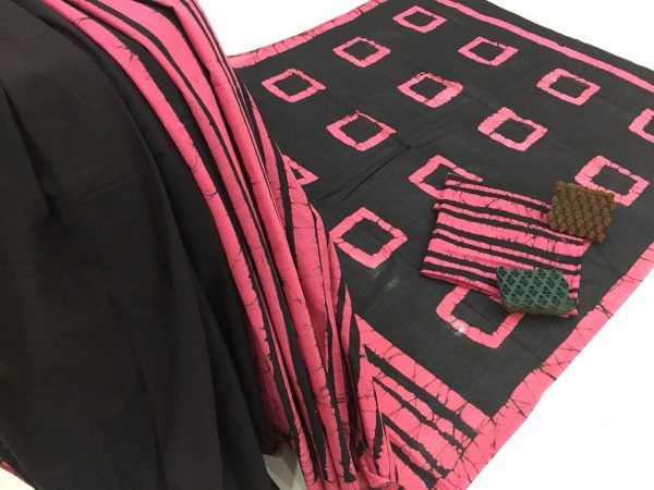 Black pink batik print regular wear cotton saree with blouse