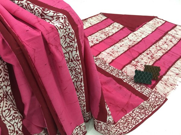 Champagne pink batik print regular wear cotton saree with blouse