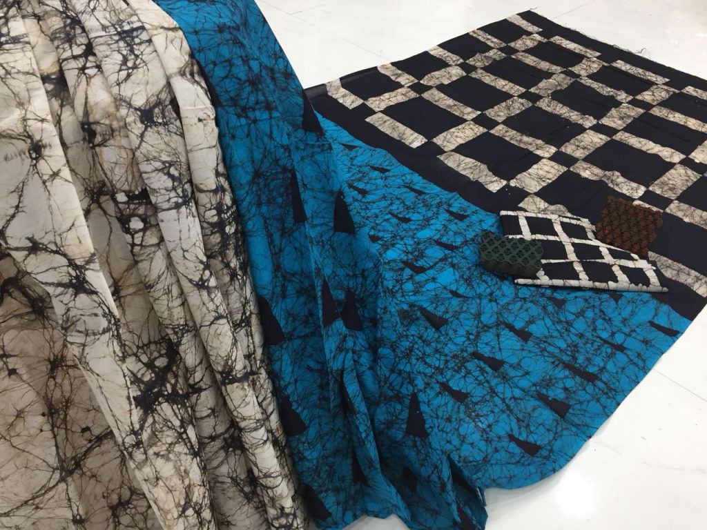 Champagne blue batik print regular wear cotton saree with blouse