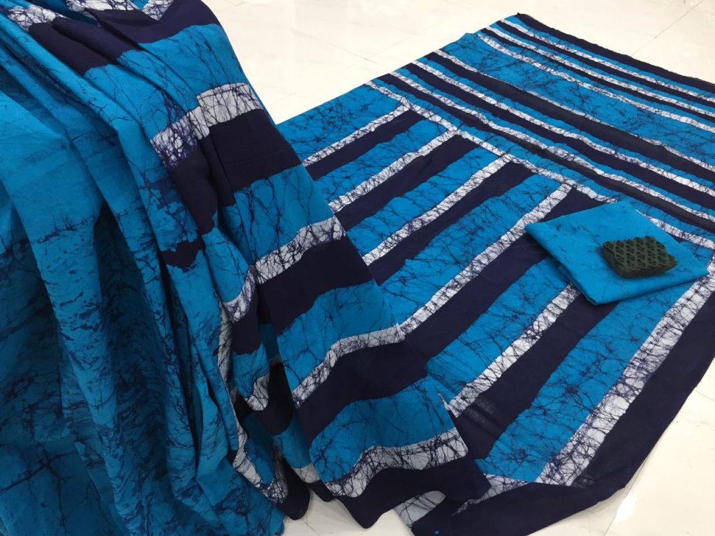 Blue batik print regular wear cotton saree with blouse piece