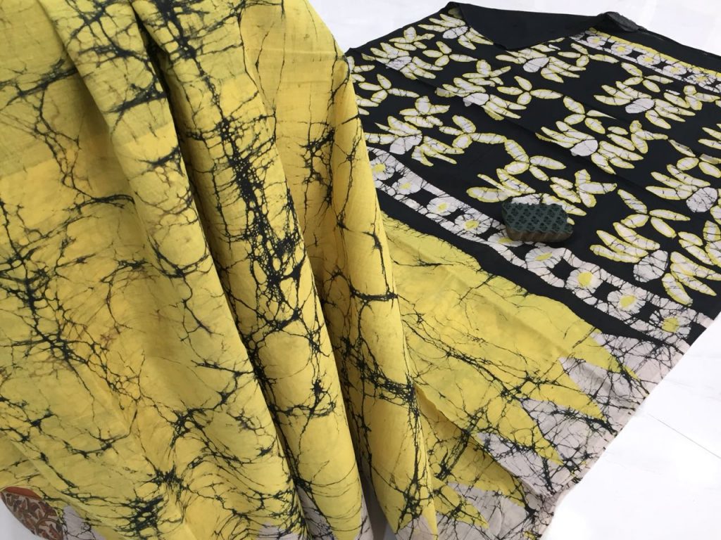 Lemon batik print daily wear cotton saree with blouse piece