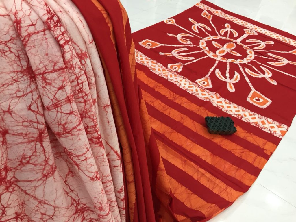 Jaipuri maroon batik print daily wear cotton saree with blouse