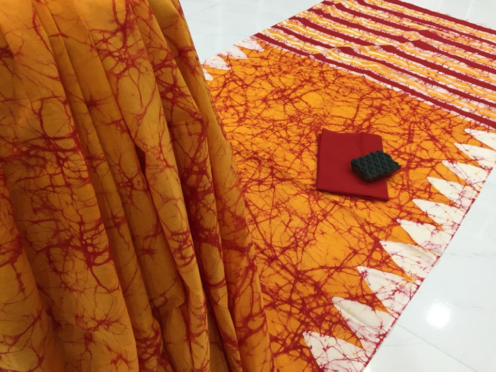 Jaipuri yellow batik print casual wear cotton saree with blouse