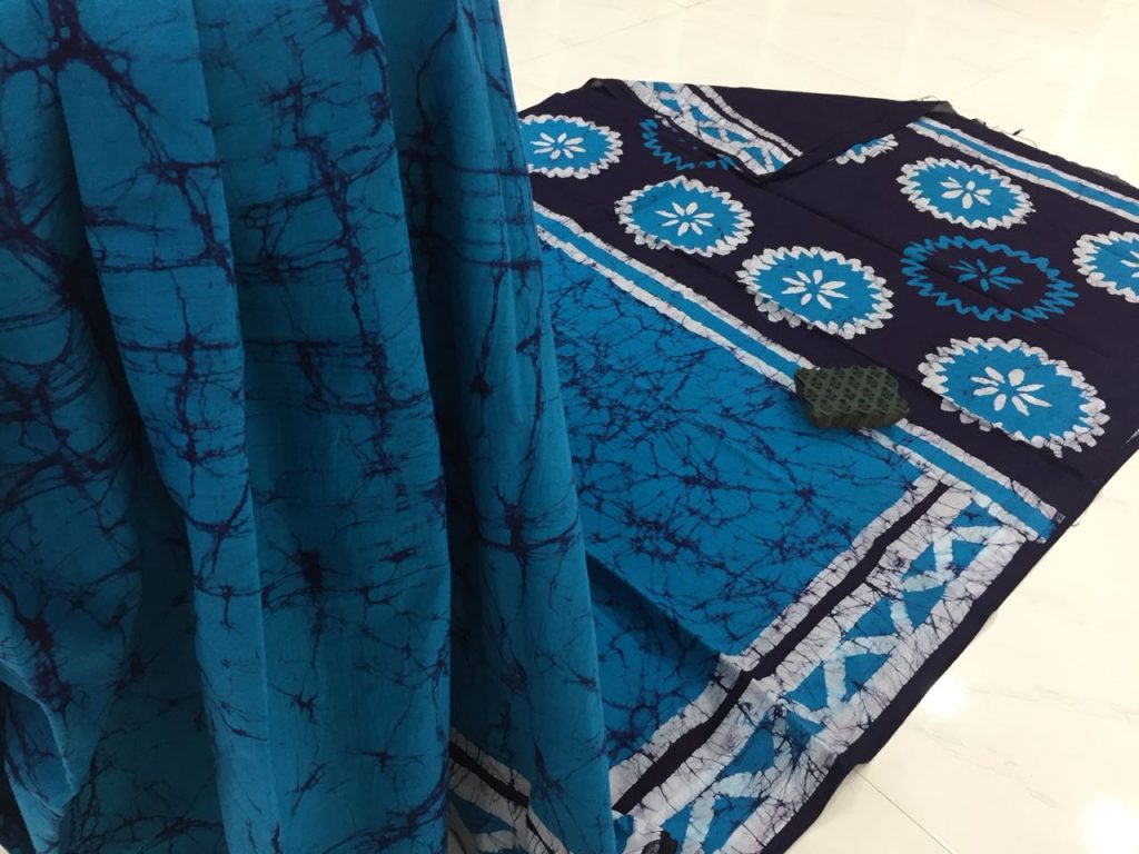Blue batik print casual wear cotton saree with blouse piece