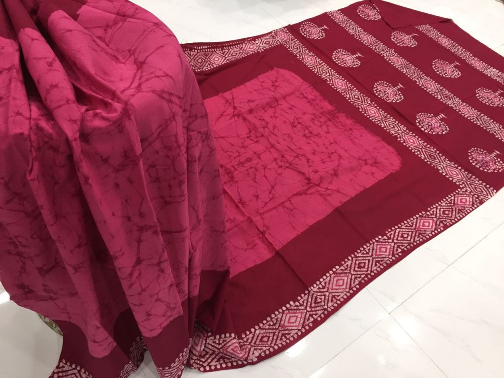 Maroon jaipuri batik print regular wear cotton saree with blouse