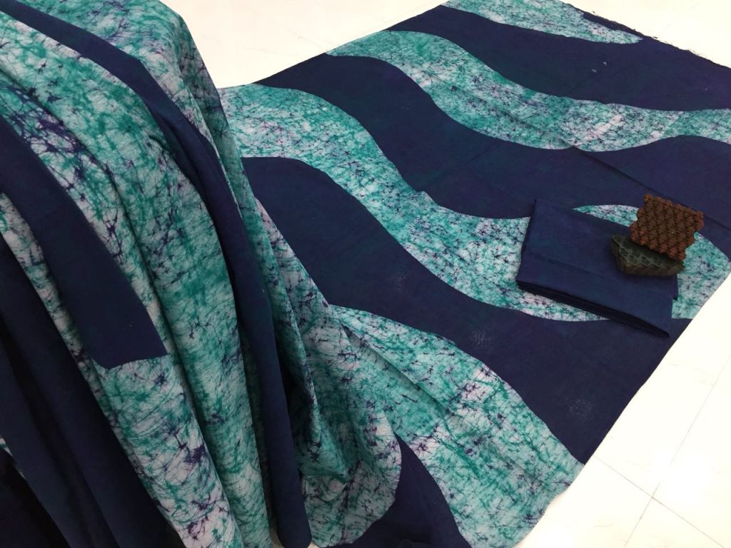 Jaipuri Indigo batik print daily wear cotton saree with blouse piece