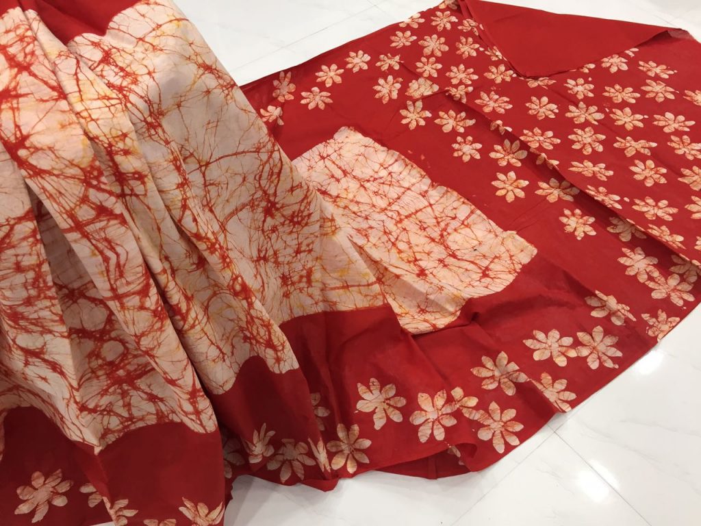Crimson batik print regular wear cotton saree with blouse