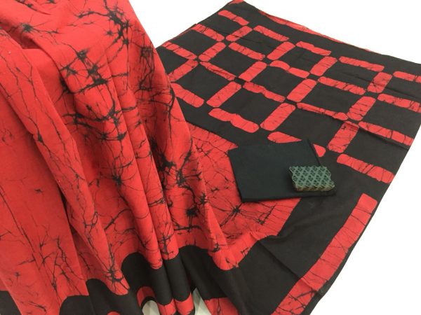 Jaipuri red batik print cotton saree