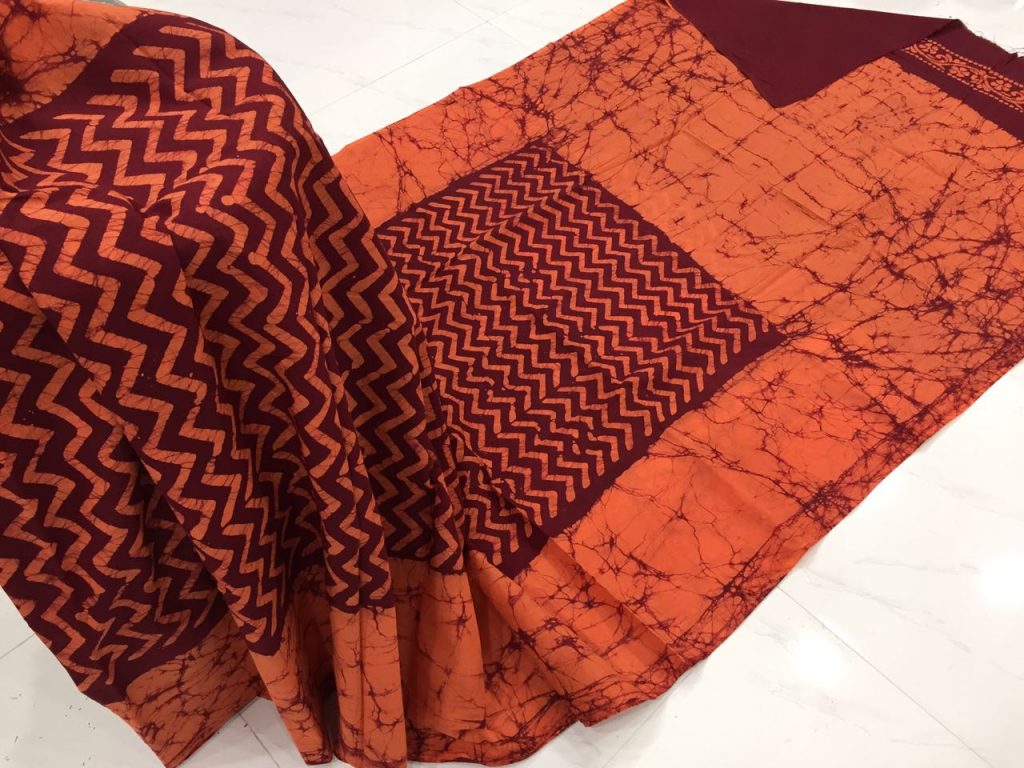 Salmon batik print regular wear cotton saree with blouse