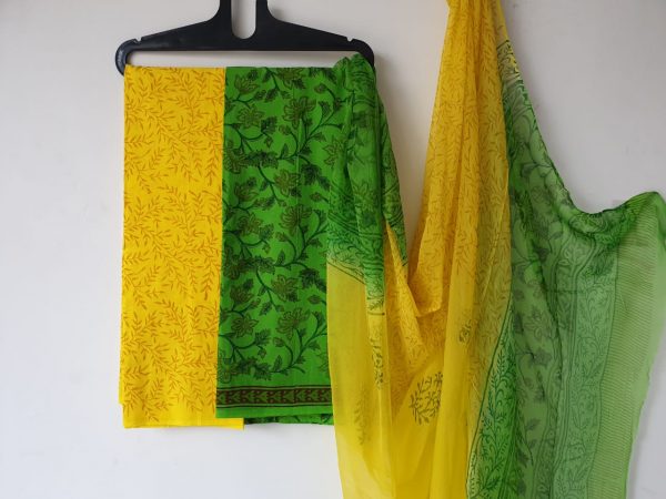 Jaipuri green kalamkari pigment print chiffon dupatta cotton suit set