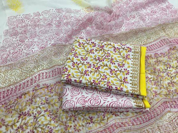 Unstitched white floral kalamkari pigment print cotton salwar suit with chiffon dupatta
