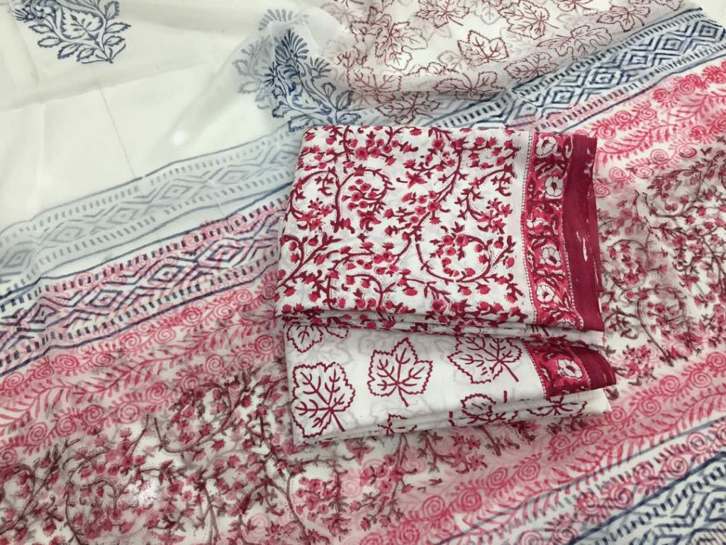 Unstitched white kalamkari pigment print pure cotton suit with pure chiffon dupatta