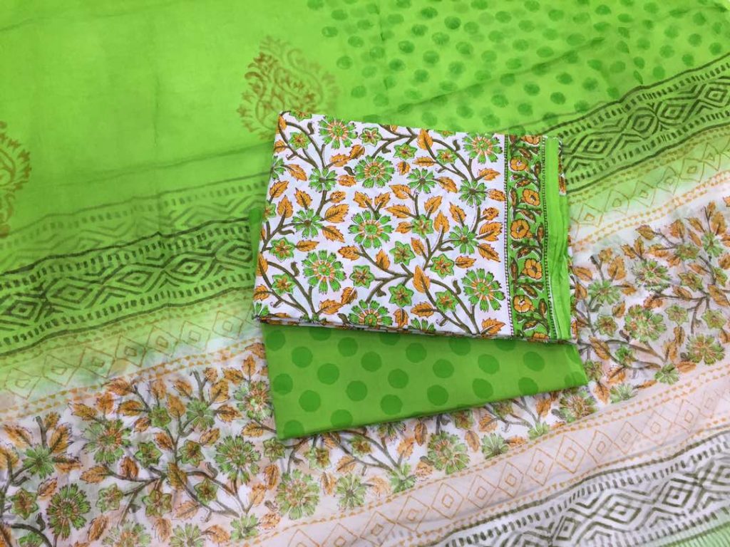 Jaipur white kalamkari pigment print cotton salwar suit with chiffon chunni