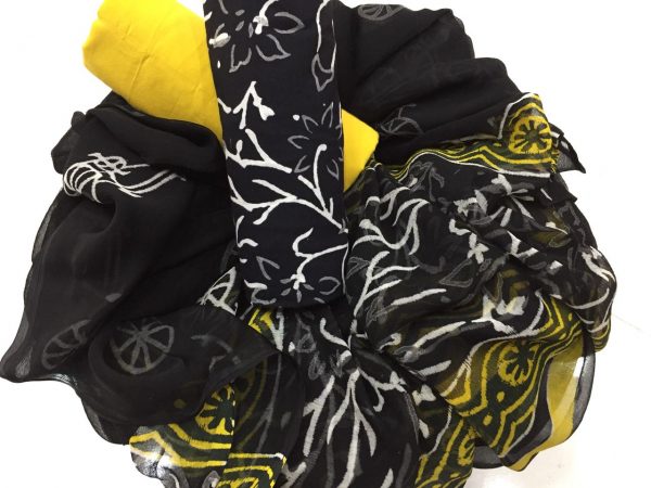 Black lemon bagru kalamkari print cotton suit set with chiffon chunni