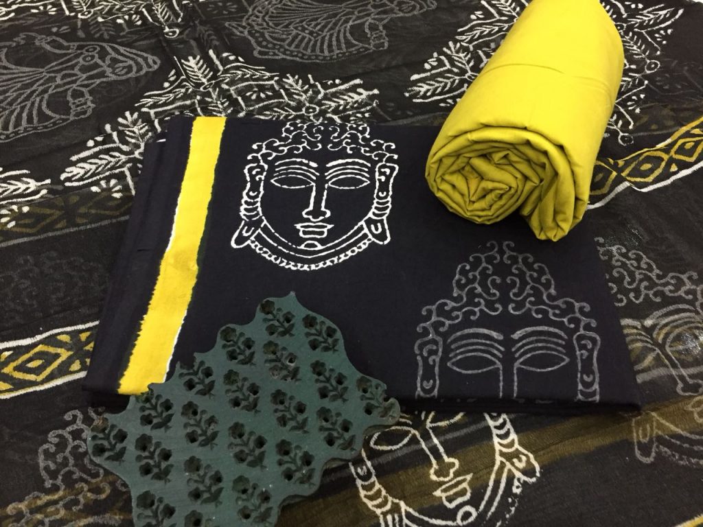Exclusive black lemon bagru kalamkari budha print cotton suit set with chiffon dupatta