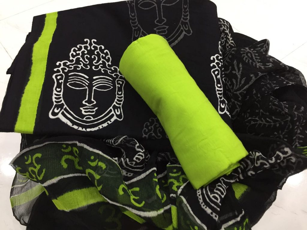 Ladies black pear bagru kalamkari budha print cotton salwar suit with chiffon dupatta