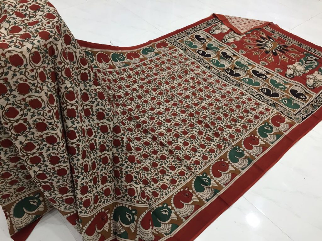 Tan kalamkari pigment print daily wear cotton mulmul saree with blouse