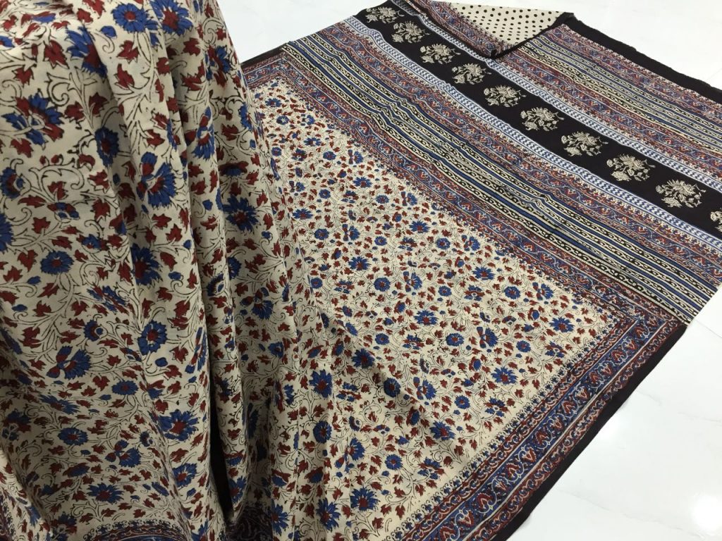 Tan kalamkari pigment print regular wear cotton mulmul saree with blouse