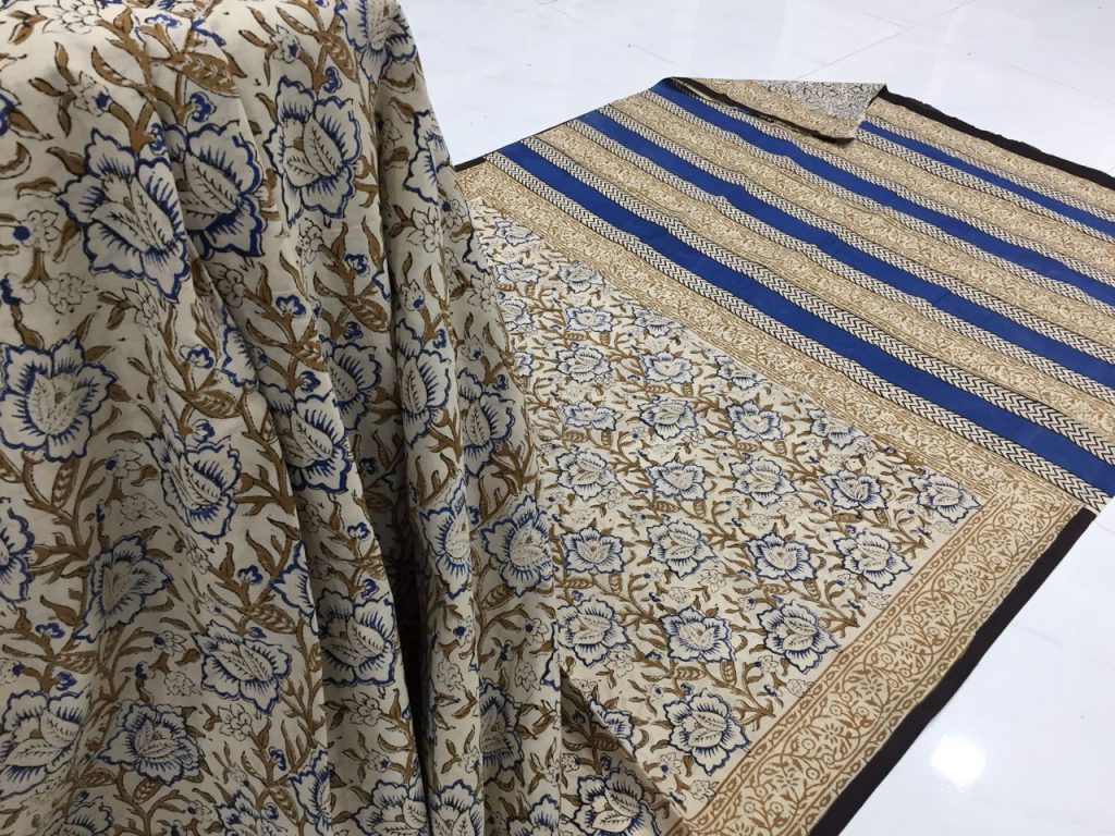 Desert sand kalamkari pigment print daily wear cotton mulmul saree with blouse