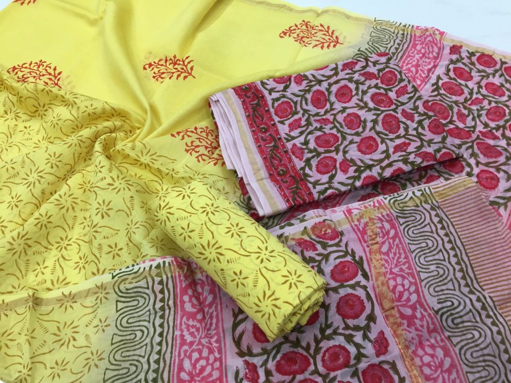Lemon kalamkari pigment print casual wear chanderi silk suit set