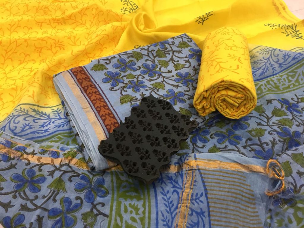 Yellow kalamkari pigment print casual wear chanderi silk suit set