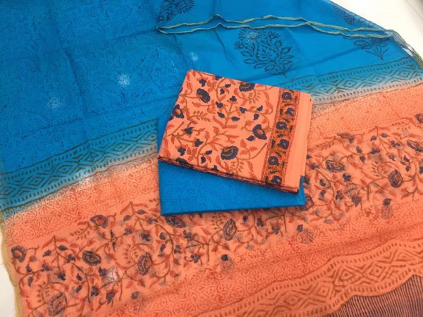 Orange floral kalamkari pigment print casual wear zari border pure cotton suit