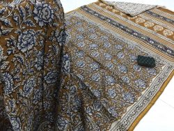 Copper floral kalamkari rapid print casual wear zari border cotton saree with blouse